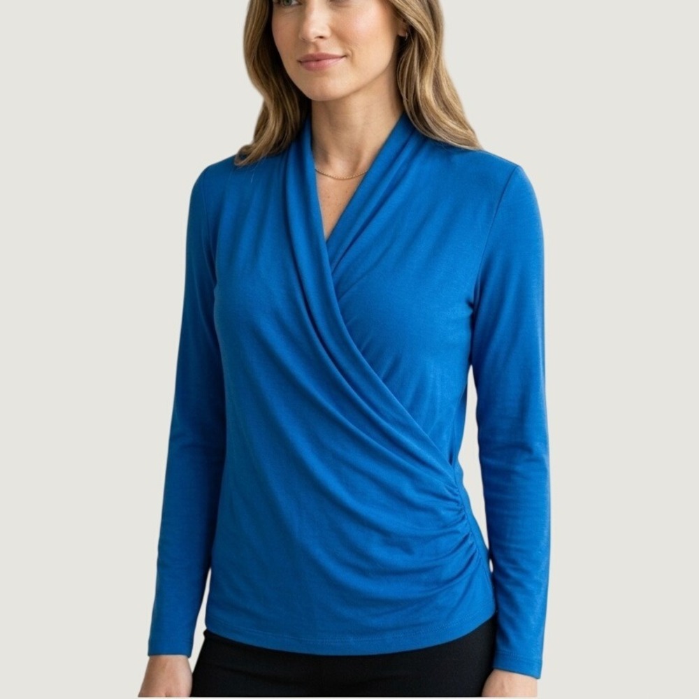 Miik Mock Wrap Top Royal Blue Bamboo Rayon Long Sleeve Ruched Small Canada